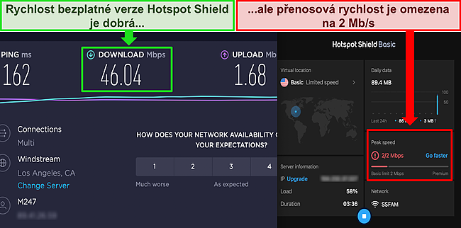 Snímek obrazovky Hotspot Shield zdarma připojený k americkému serveru s výsledky testu rychlosti Ookla ukazujícími dobrou rychlost stahování.