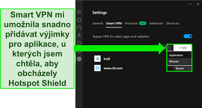 Snímek obrazovky funkce Smart VPN Hotspot Shield