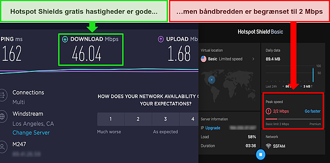 Skærmbillede af Hotspot Shield gratis forbundet til en amerikansk server, med resultaterne af en Ookla-hastighedstest, der viser gode downloadhastigheder.