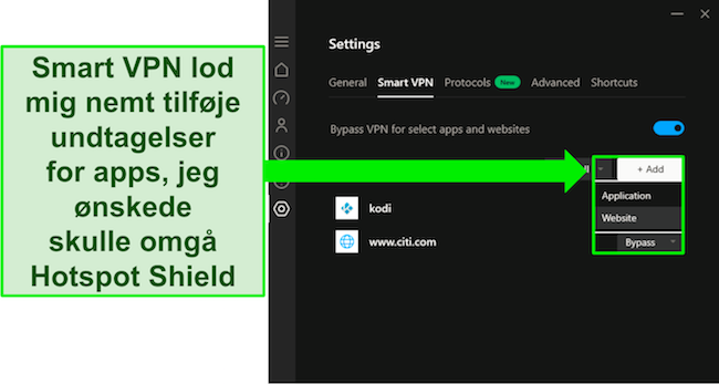 Skærmbillede af Hotspot Shields Smart VPN-funktion