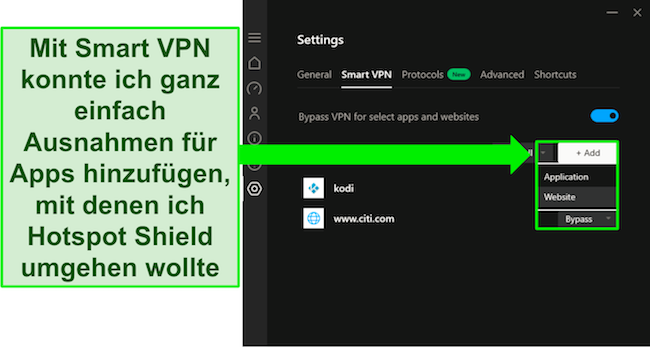 Screenshot der Smart VPN-Funktion von Hotspot Shield