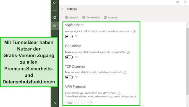 Screenshot der Sicherheitsfunktionen von TunnelBear, die kostenlosen Benutzern zur Verfügung stehen