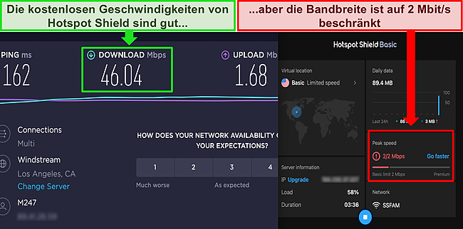 Screenshot von Hotspot Shield kostenlos mit einem US-Server verbunden, wobei die Ergebnisse eines Ookla-Geschwindigkeitstests gute Download-Geschwindigkeiten zeigen.