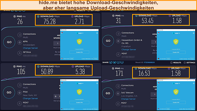 Screenshots von hide.me, die mit Servern in den Niederlanden, Deutschland und den USA verbunden sind und die Ergebnisse der Download- und Upload-Geschwindigkeitstests hervorheben.