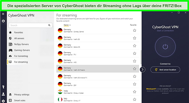 Screenshot des CyberGhost-Menüs von Servern, die auf Streaming-Dienste wie Netflix Deutschland spezialisiert sind.