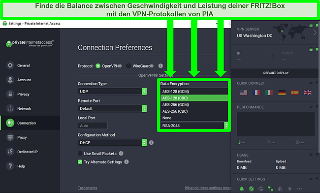 Screenshot des Menüs „Verbindungseinstellungen“ von PIA und der Dropdown-Liste „Datenverschlüsselung“.