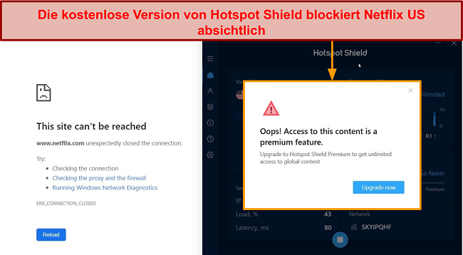 Screenshot gezeigt HotspotShield blockiert Netflix absichtlich