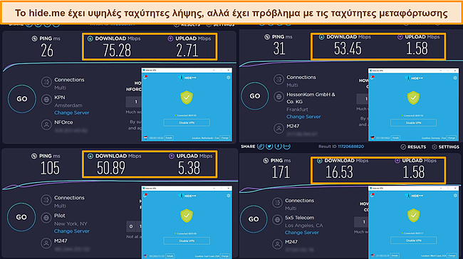 Στιγμιότυπα οθόνης του hide.me που είναι συνδεδεμένος με διακομιστές στην Ολλανδία, τη Γερμανία και τις Η.Π.Α., επισημαίνοντας τα αποτελέσματα της δοκιμής ταχύτητας λήψης και μεταφόρτωσης.