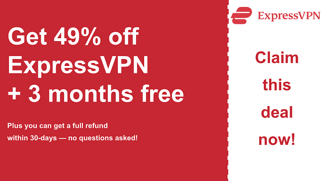 ExpressVPN coupon for 49% off and 3 months free with a 30-day money-back guarantee