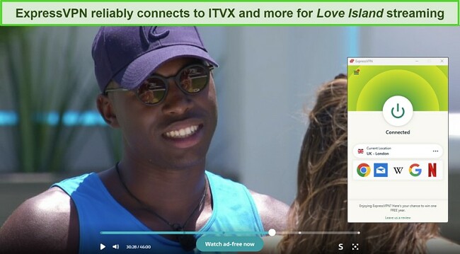 Image of ITVX streaming Love Island UK, with ExpressVPN connected to a UK-London server