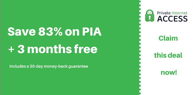 Screenshot of a Private Internet Access (PIA) VPN coupon for a 83% discount