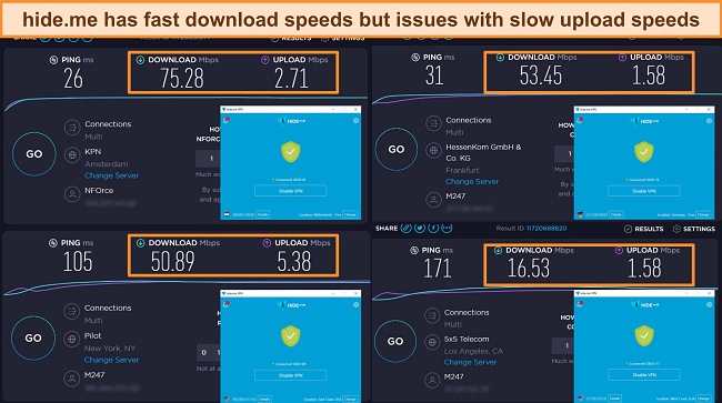 Screenshots of hide me connected to servers in Netherlands, Germany, and the US, highlighting the download and upload speed test results.