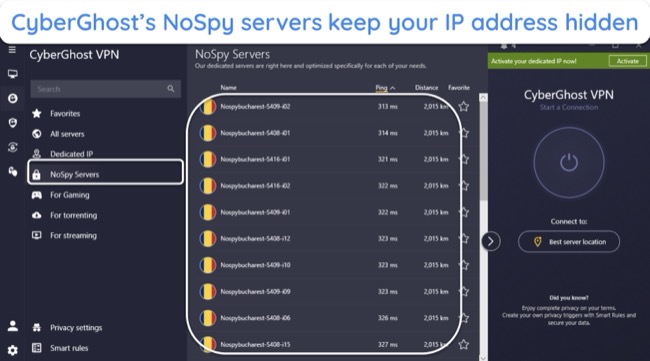 screenshot of CyberGhost's NoSpy servers on the Windows app.