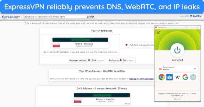 image of leak test results with ExpressVPN connected to a Polish server.