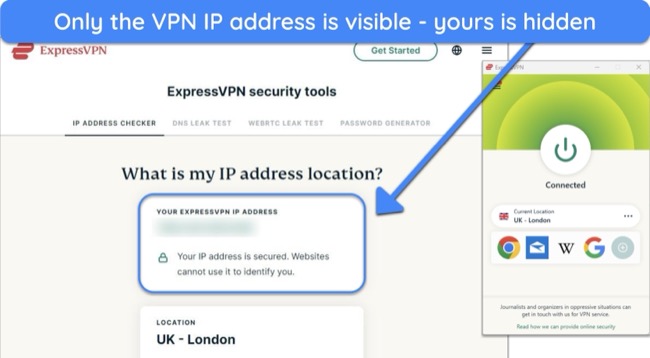 screenshot of ExpressVPN's IP Address Checker tool, showing ExpressVPN hiding a true IP and replacing it with one from a UK - London server.