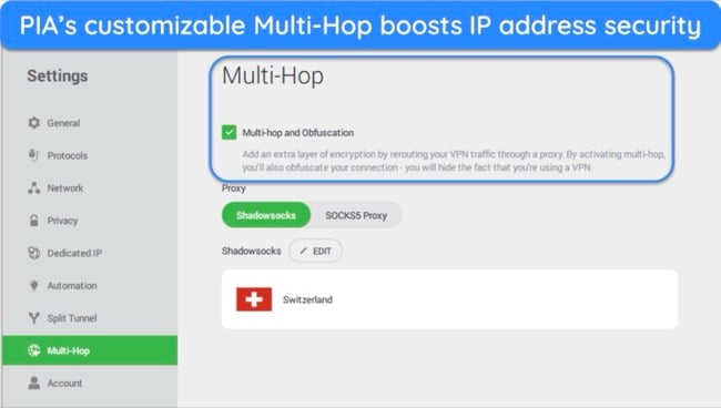 screenshot of PIA's Windows app, highlighting the Multi-Hop feature.