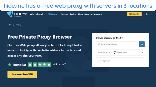 screenshot of hide.me's free proxy browser webpage.