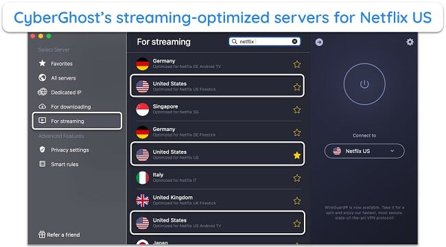 Screenshot of CyberGhost's streaming-optimized servers for Netflix US