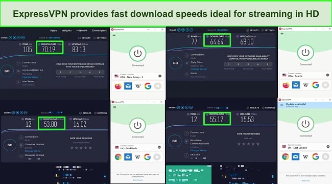 Screenshot of speed tests carried out on 4 ExpressVPN servers
