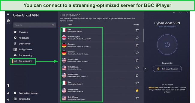 Screenshot of CyberGhost's streaming-optimizer servers list