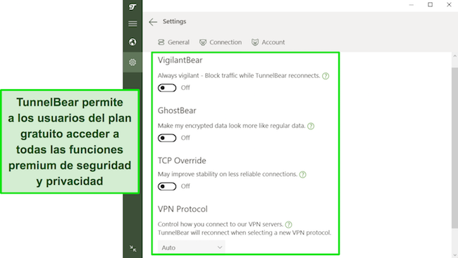 Captura de pantalla de las funciones de seguridad de TunnelBear disponibles para los usuarios gratuitos