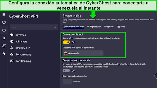 Imagen de la aplicación de Windows de CyberGhost, que muestra la automatización de Smart Rules configurada para conectarse a Venezuela