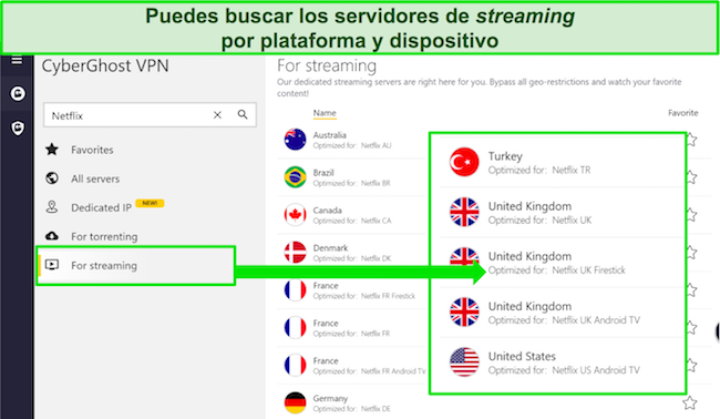 Captura de pantalla de CyberGhost VPN y cómo utilizar servidores optimizados para streaming