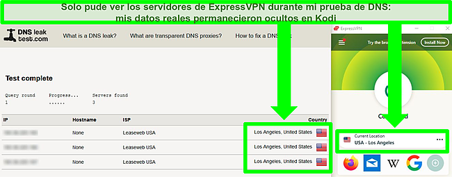 Captura de pantalla de ExpressVPN pasando una prueba de fugas de DNS mientras está conectado a un servidor en Los Ángeles.
