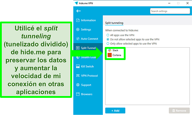 Captura de pantalla de la pantalla de configuración de Hide.me que muestra la pestaña Split Tunnel.