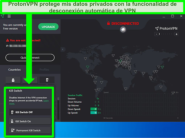 Captura de pantalla del kill switch de Proton VPN.