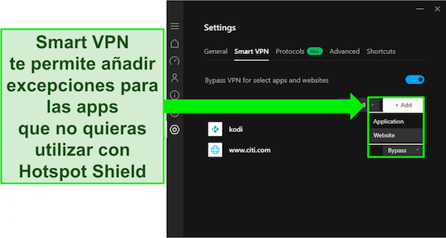 Captura de pantalla de la función Smart VPN de Hotspot Shield