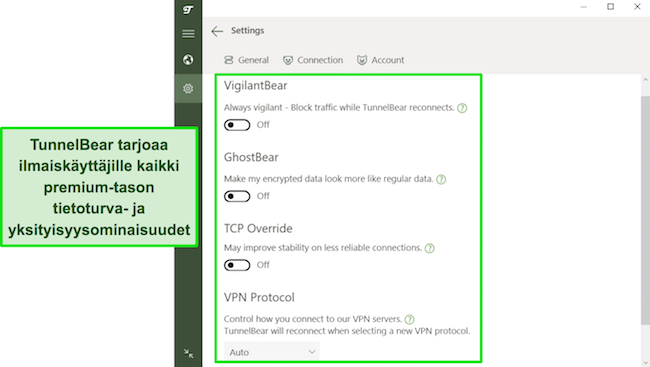 Kuvakaappaus TunnelBearin suojausominaisuuksista, jotka ovat ilmaisten käyttäjien saatavilla