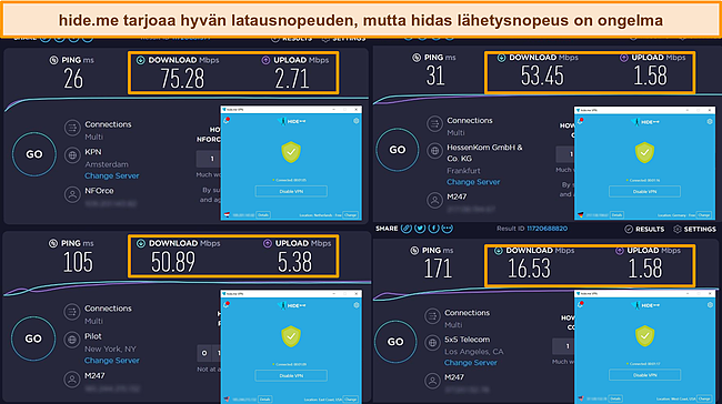 Alankomaiden, Saksan ja Yhdysvaltojen palvelimiin yhdistetyn hide.me:n kuvakaappaukset korostavat lataus- ja lähetysnopeustestin tuloksia.