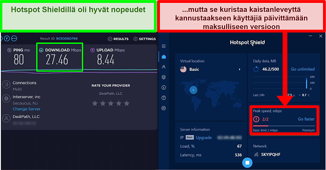 HotspotShield rajoittaa nopeutta ohjata käyttäjiä tilaamaan