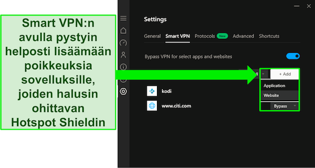 Kuvakaappaus Hotspot Shieldin Smart VPN -ominaisuudesta