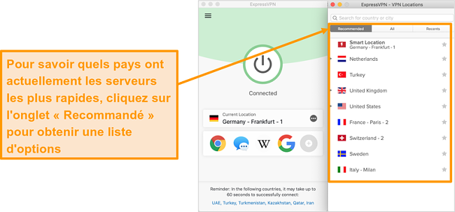 Capture d'écran de l'application ExpressVPN montrant les serveurs recommandés