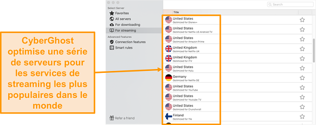 Capture d'écran de l'application CyberGhost pour Mac montrant les serveurs optimisés pour le streaming