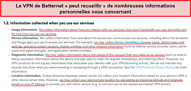 Capture d'écran de la politique de confidentialité de Betternet VPN