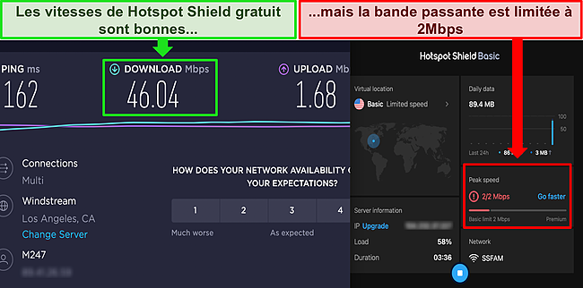 Capture d'écran de Hotspot Shield gratuit connecté à un serveur américain, avec les résultats d'un test de vitesse Ookla montrant de bonnes vitesses de téléchargement.