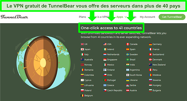 Capture d'écran de la liste des serveurs du site Web de TunnelBear.