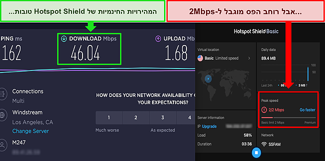 צילום מסך של Hotspot Shield מחובר בחינם לשרת אמריקאי, עם תוצאות של בדיקת מהירות של Ookla המראה מהירויות הורדה טובות.