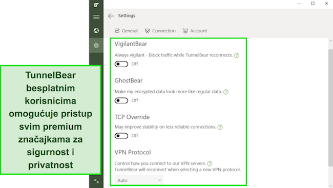 Snimka zaslona sigurnosnih značajki TunnelBeara dostupnih besplatnim korisnicima