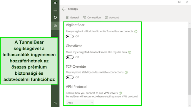 Képernyőkép az TunnelBear ingyenes felhasználók számára elérhető biztonsági funkcióiról