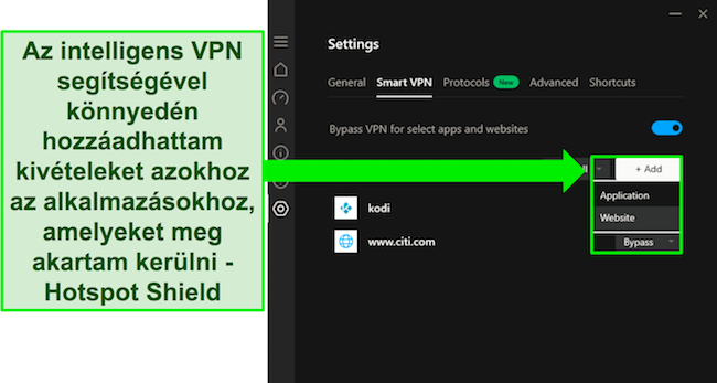 Képernyőkép a Hotspot Shield Smart VPN funkciójáról