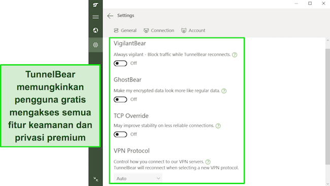 Tangkapan layar fitur keamanan TunnelBear yang tersedia untuk pengguna gratis
