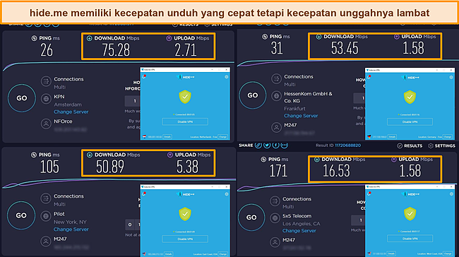 Tangkapan layar hide.me yang terhubung ke server di Belanda, Jerman, dan AS, menyoroti hasil uji kecepatan unduh dan unggah.