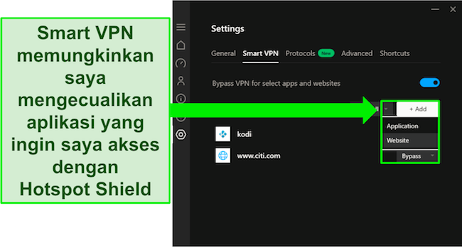 Cuplikan layar fitur Smart VPN Hotspot Shield