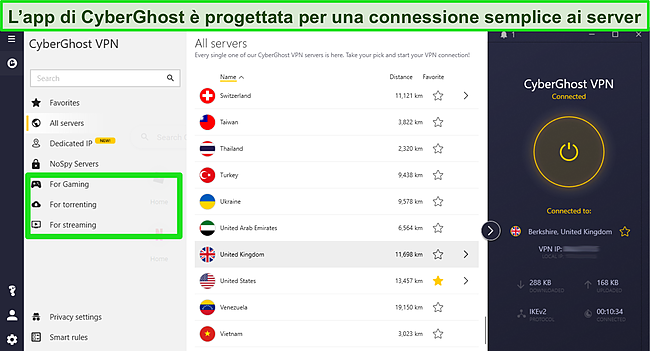 Screenshot dell'app CyberGhost per Windows che mostra l'elenco dei server ottimizzati per streaming, torrent e giochi.