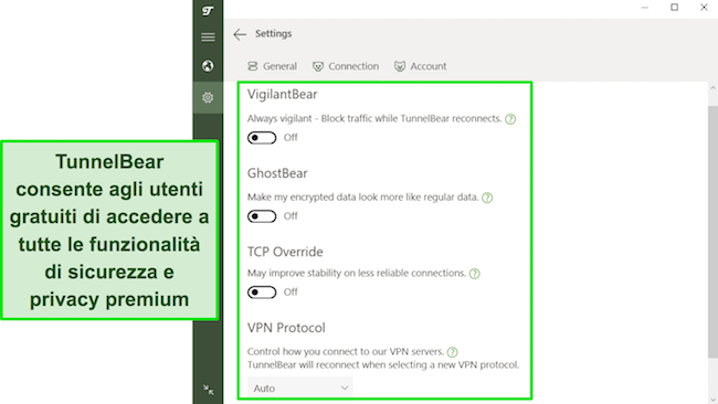 Screenshot delle funzionalità di sicurezza di TunnelBear disponibili per gli utenti gratuiti