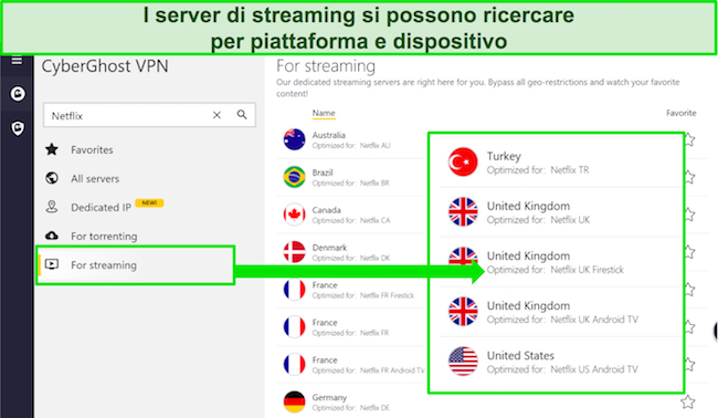 Screenshot di CyberGhost VPN e come utilizzare i server ottimizzati per lo streaming